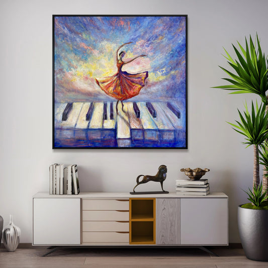 a large painting of a dancing ballerina on a piano keyboard, hanging on a wall above a white cabinet with drawers.