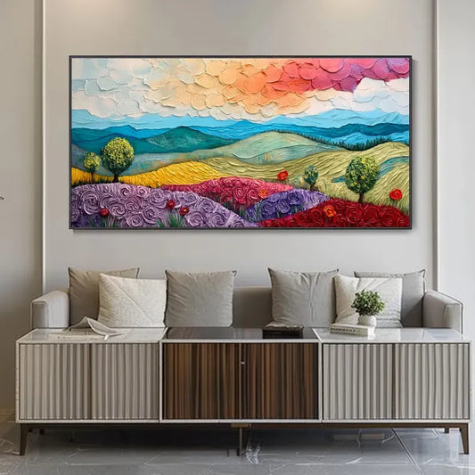 a large, colorful painting of a landscape with mountains, flowers, and trees hanging on a wall above a couch with pillows.