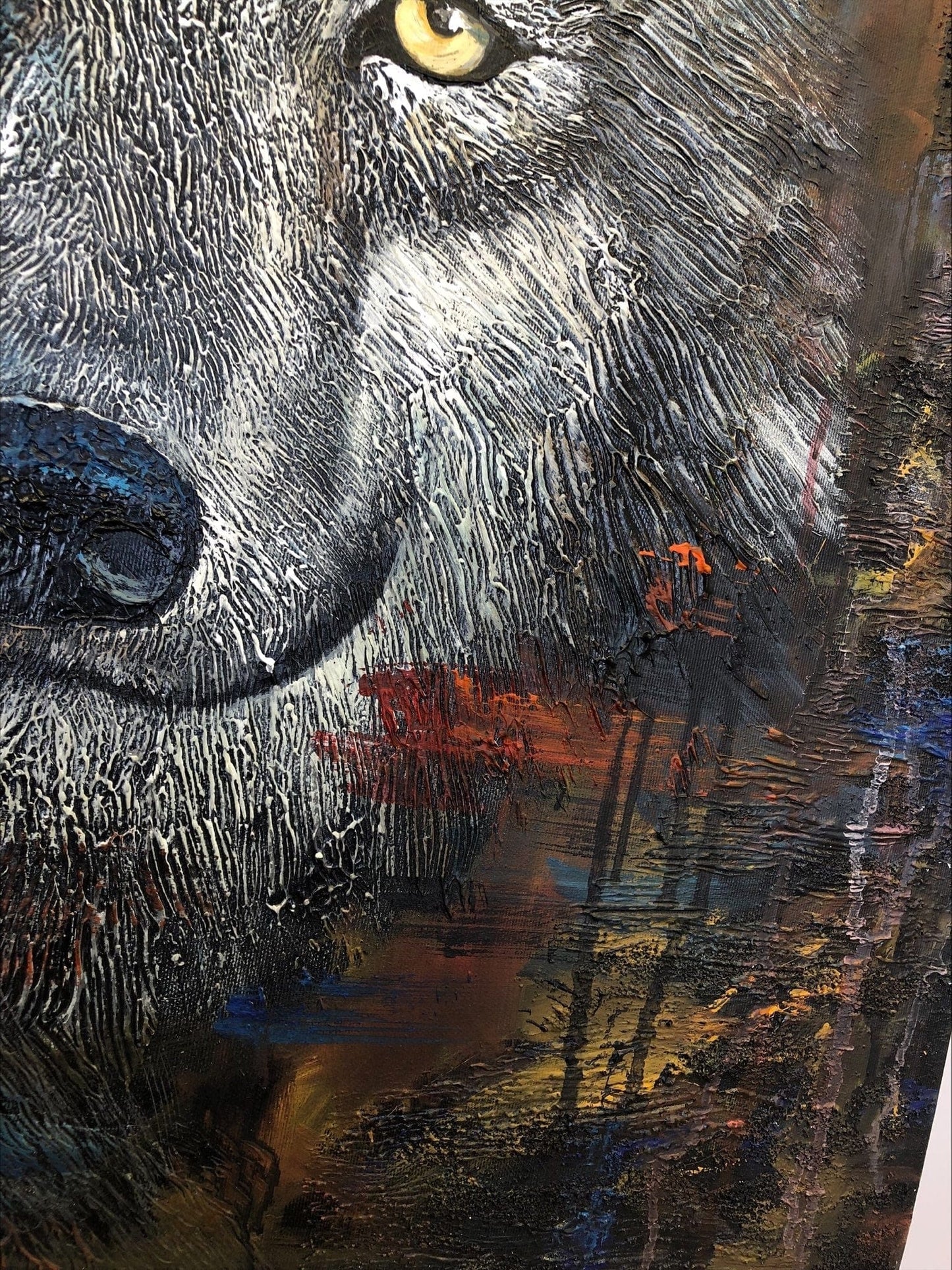 a painting of a wolf with yellow eyes