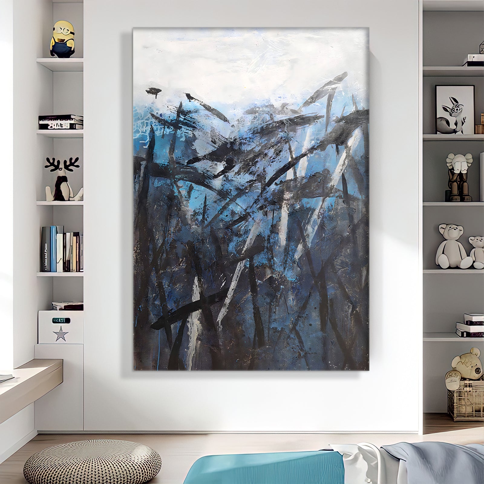 a painting hanging on a wall in a room