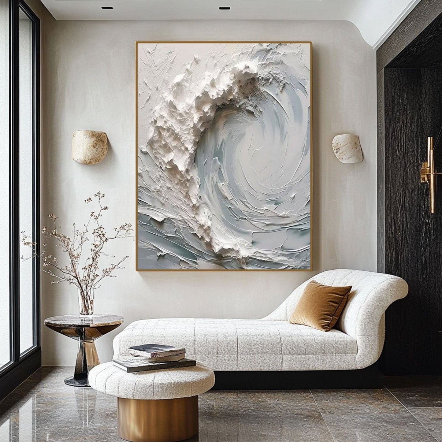 a modern living room with a large abstract painting of a wave on the wall, a white sofa, a round table with a vase of flowers, and a gold-framed picture on the wall.