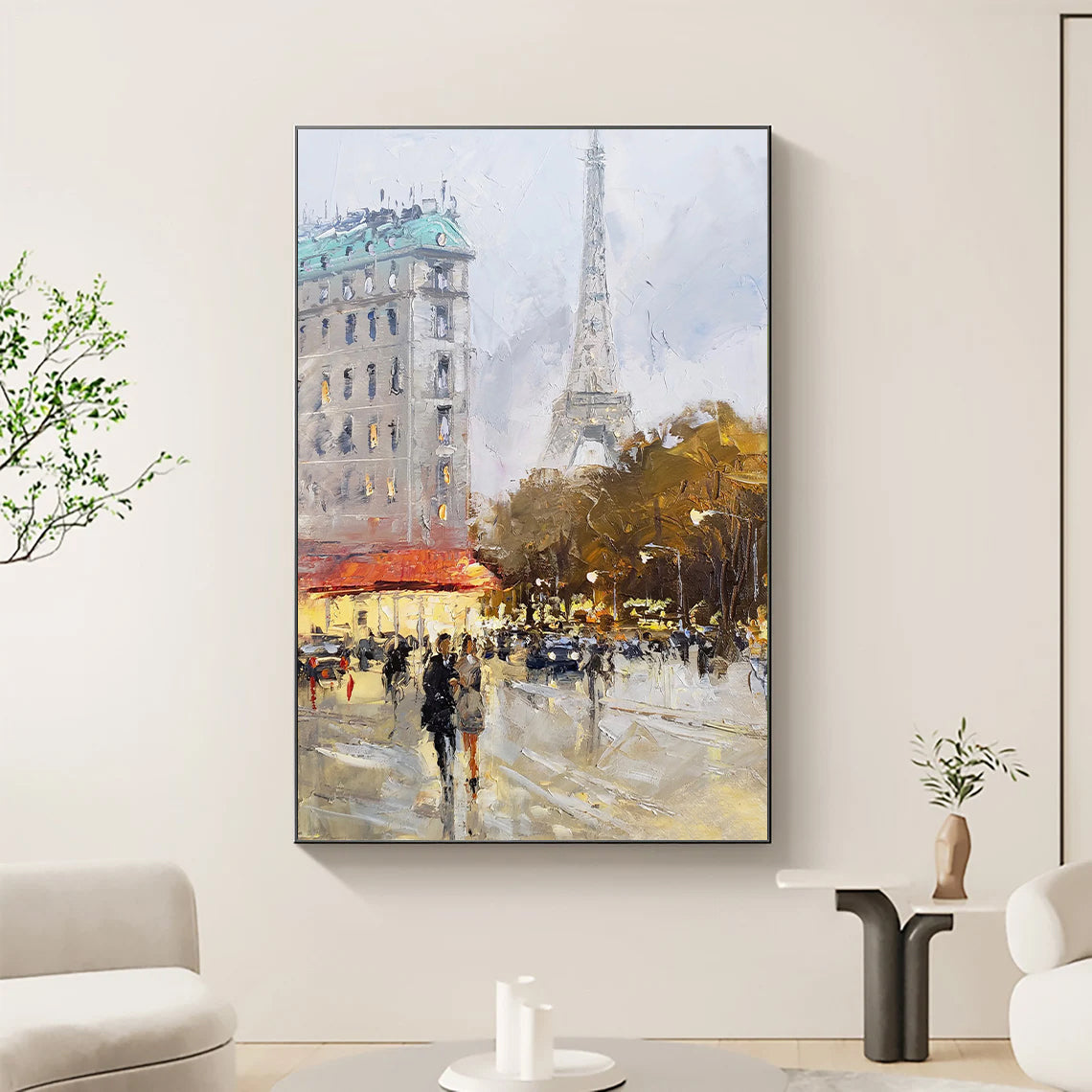 a painting of people walking in the rain near the eiffel tower