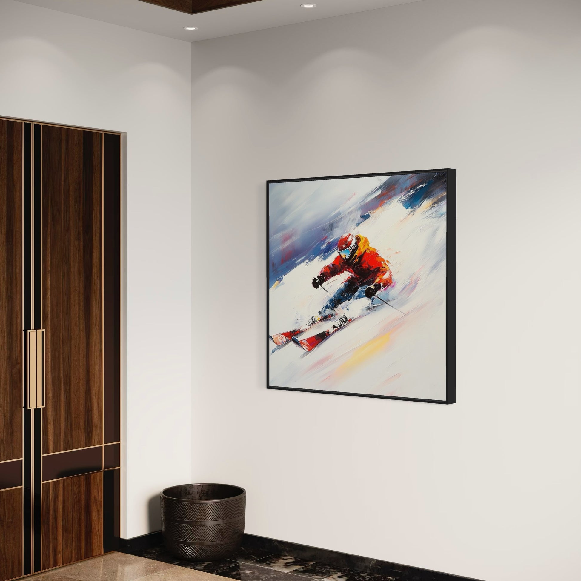 a painting of a skier on a white wall