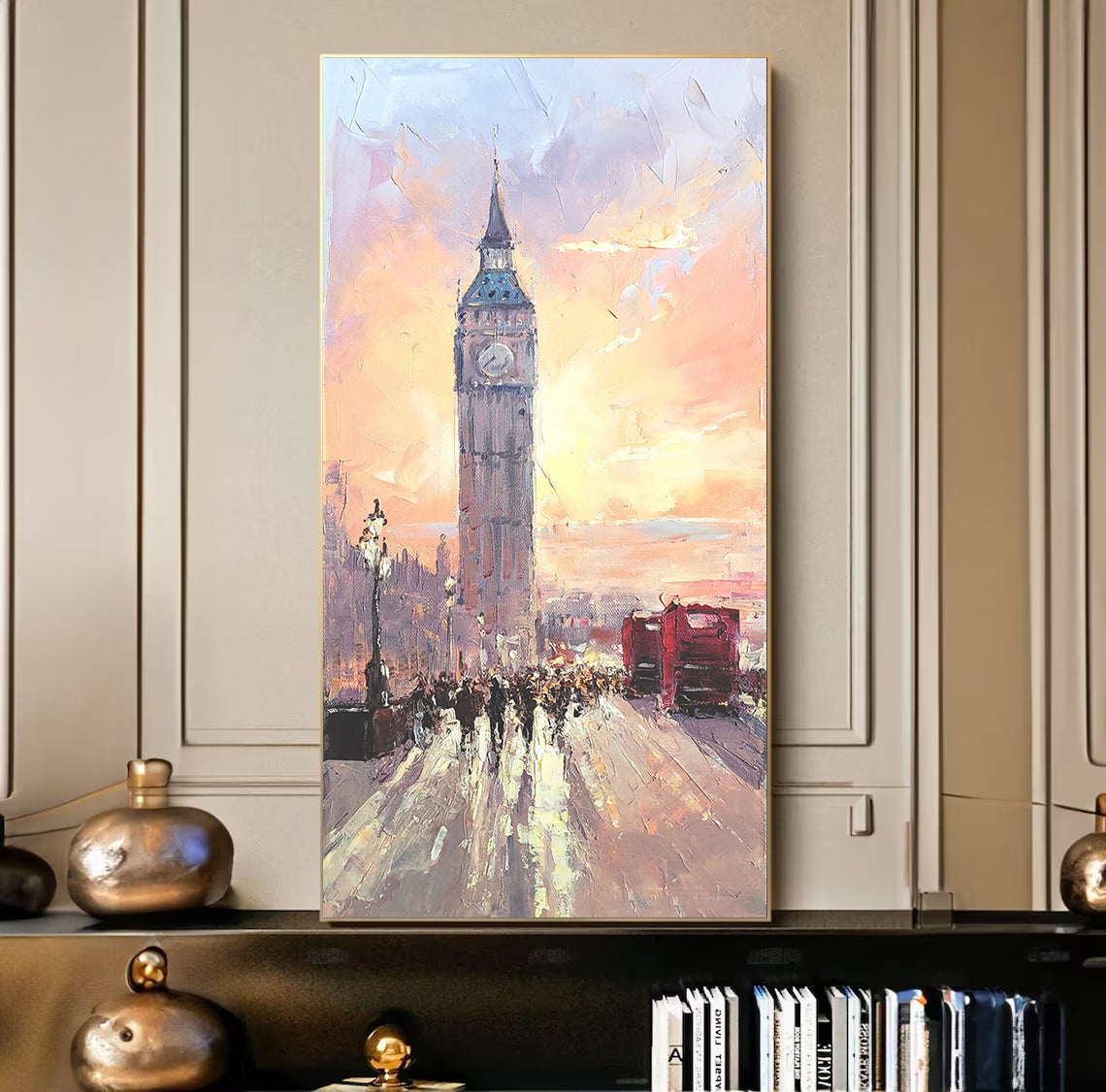 a painting of a clock tower on a wall