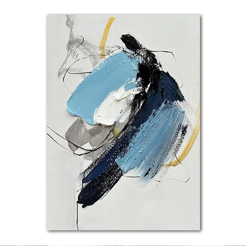 The image is an abstract painting featuring a mix of blue, black, and white colors, with brushstrokes and splatters creating a dynamic and expressive composition.