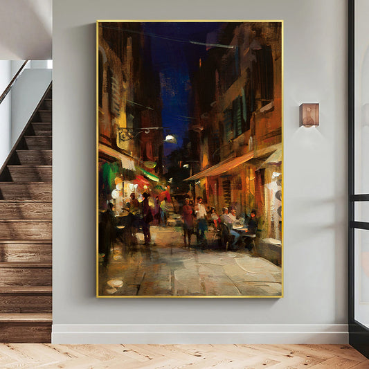 a painting of a city street at night