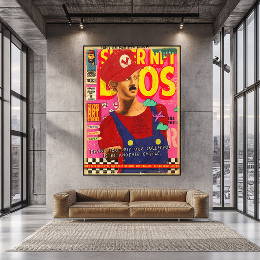 a living room with a couch and a poster on the wall