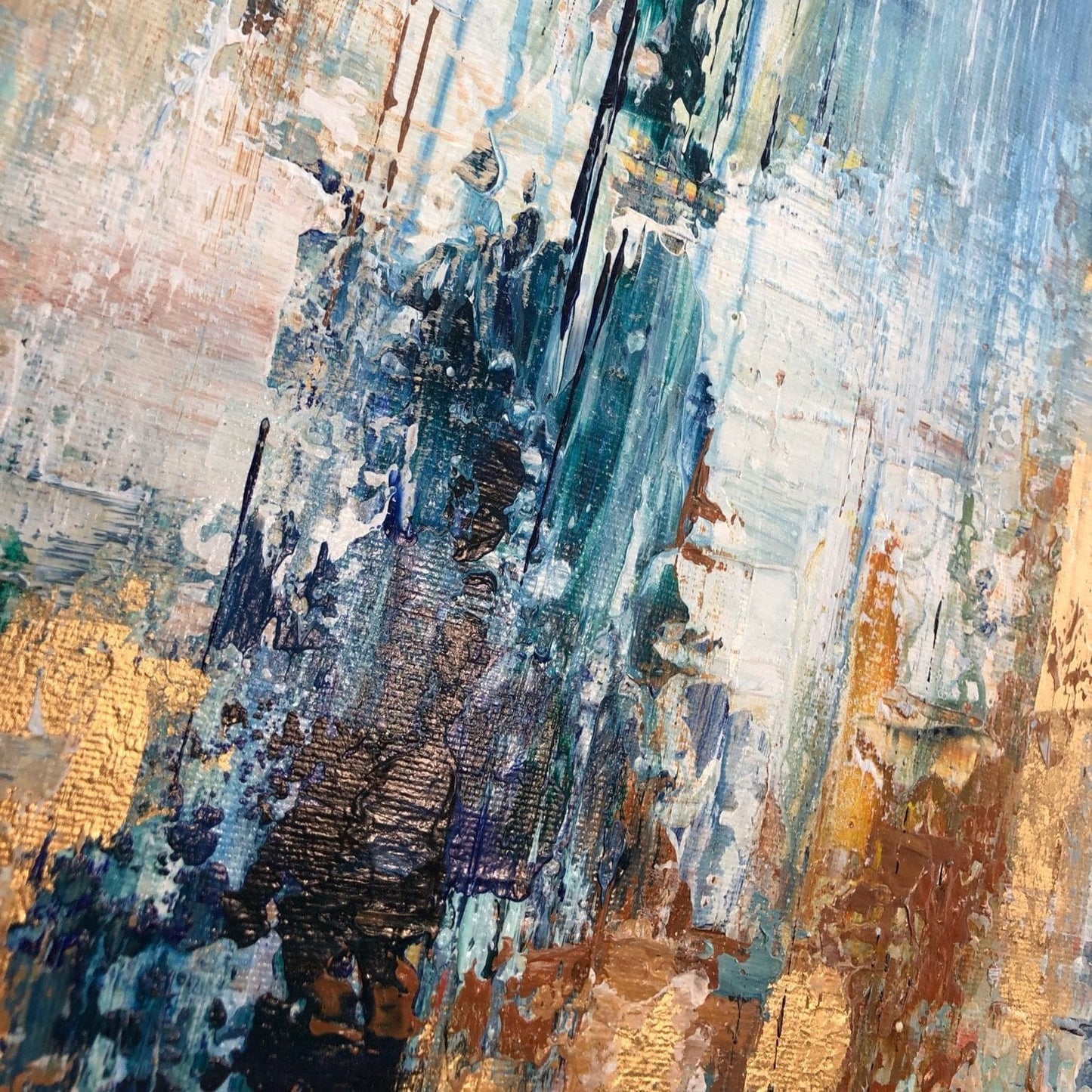 The image is an abstract painting with a mix of blue, green, and orange colors, creating a dynamic and vibrant composition.