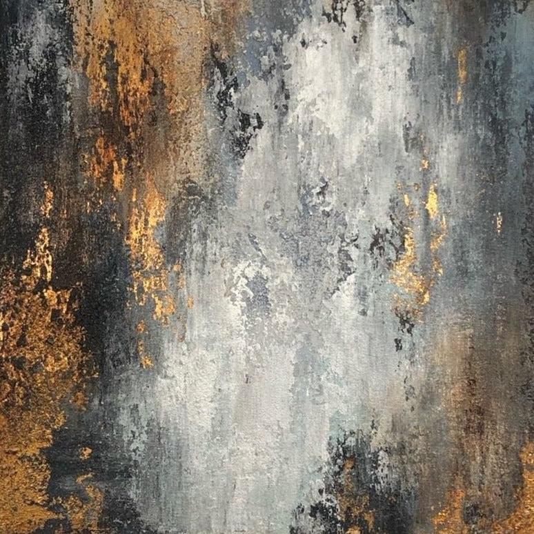 The image is an abstract painting with a textured, layered appearance. The colors used are predominantly gray, white, and black, with some gold accents. The painting has a rough, textured surface, giving it a somewhat rugged and unfinished look.