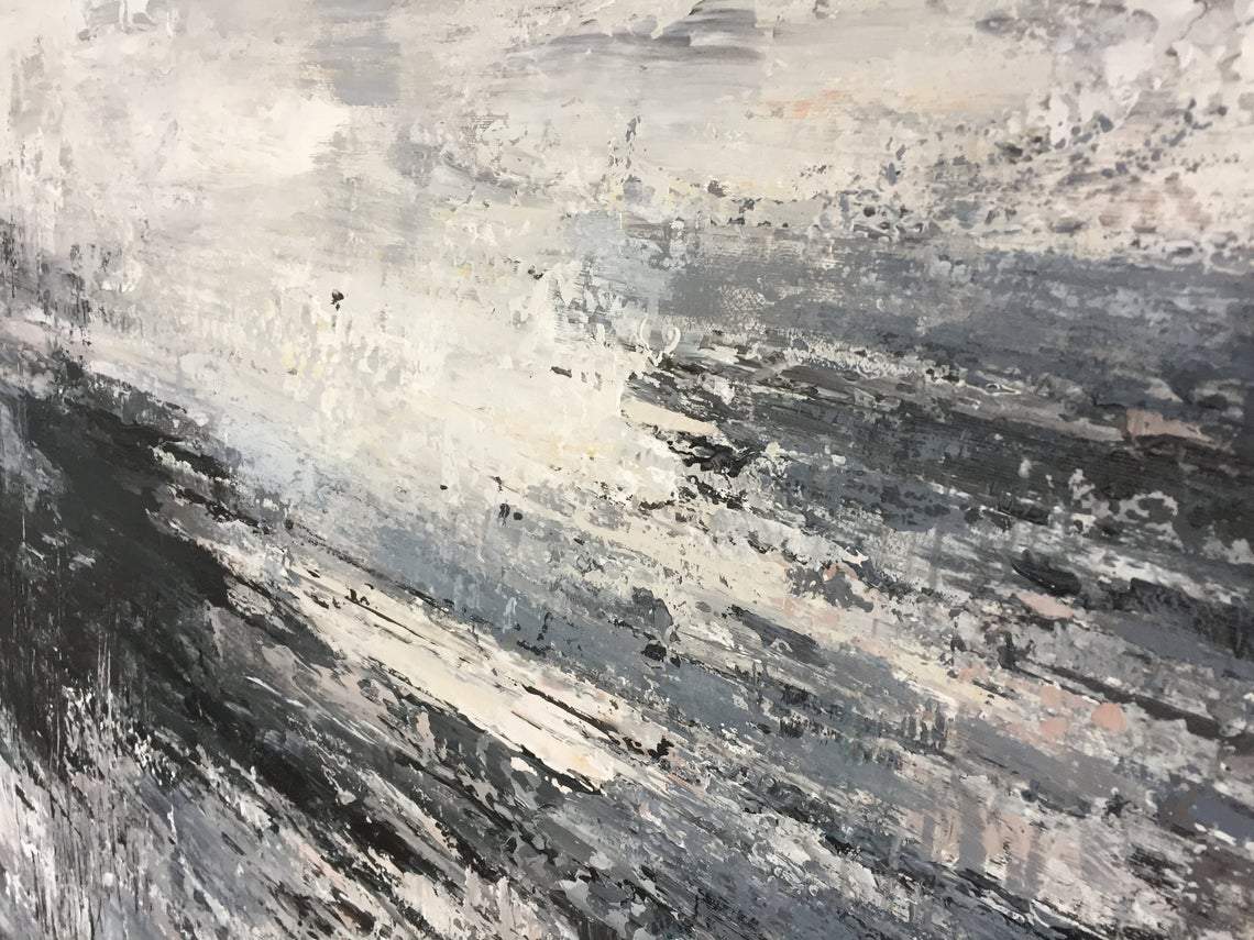 an abstract painting of a black and white landscape