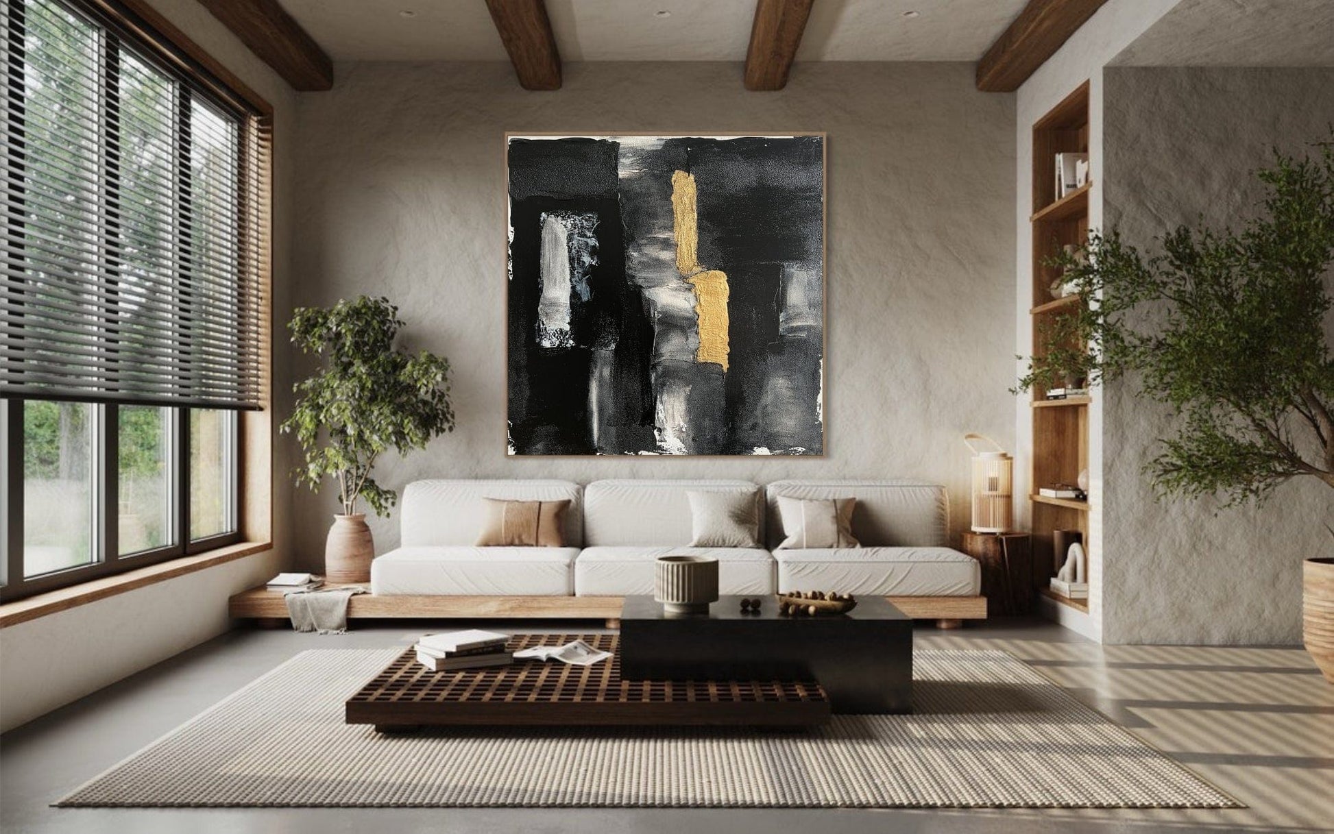 a living room filled with furniture and a painting on the wall