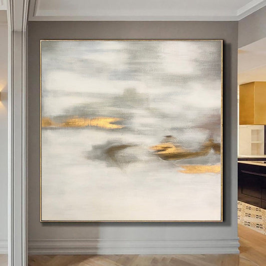 a large abstract painting hanging on a wall.