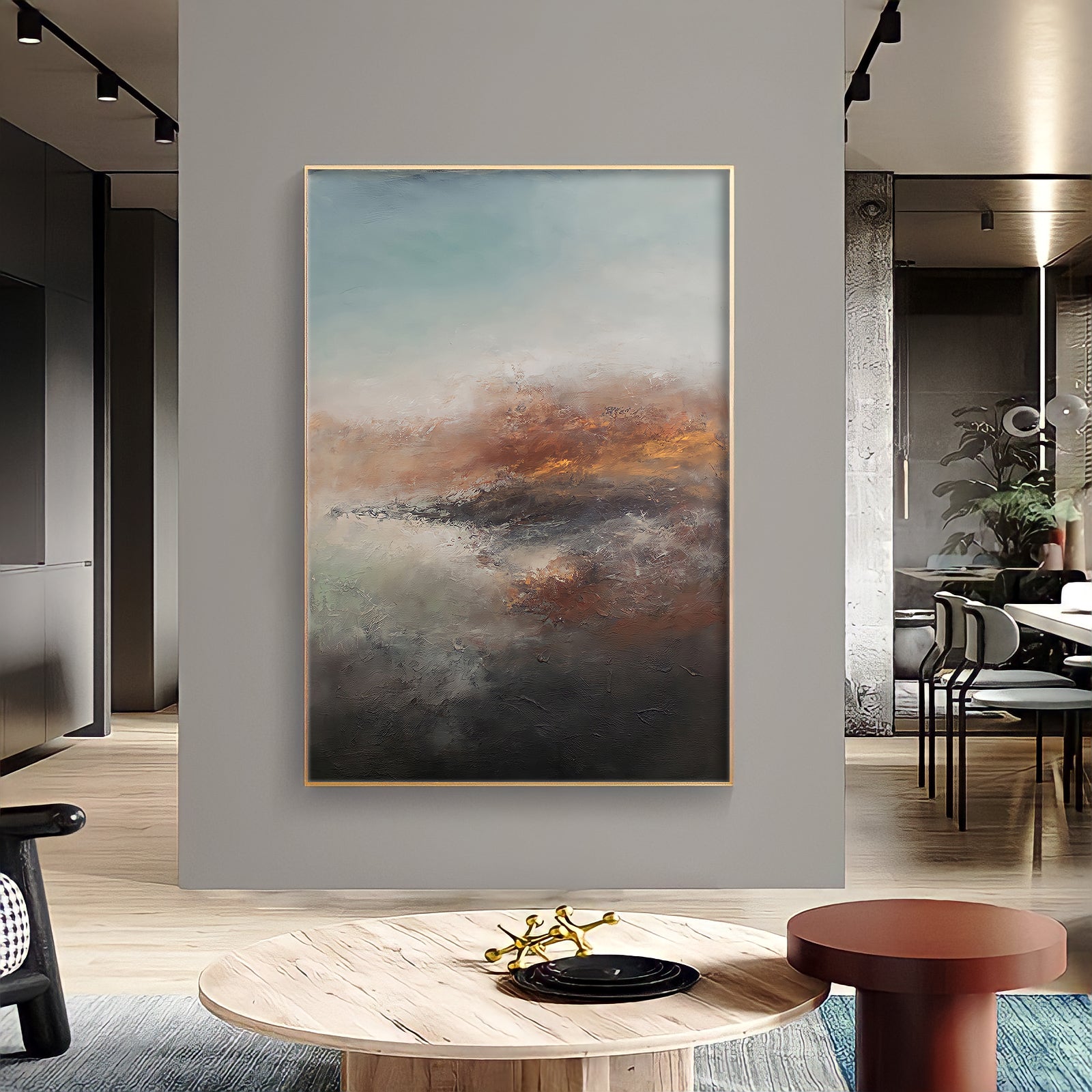 a painting hanging on a wall in a living room