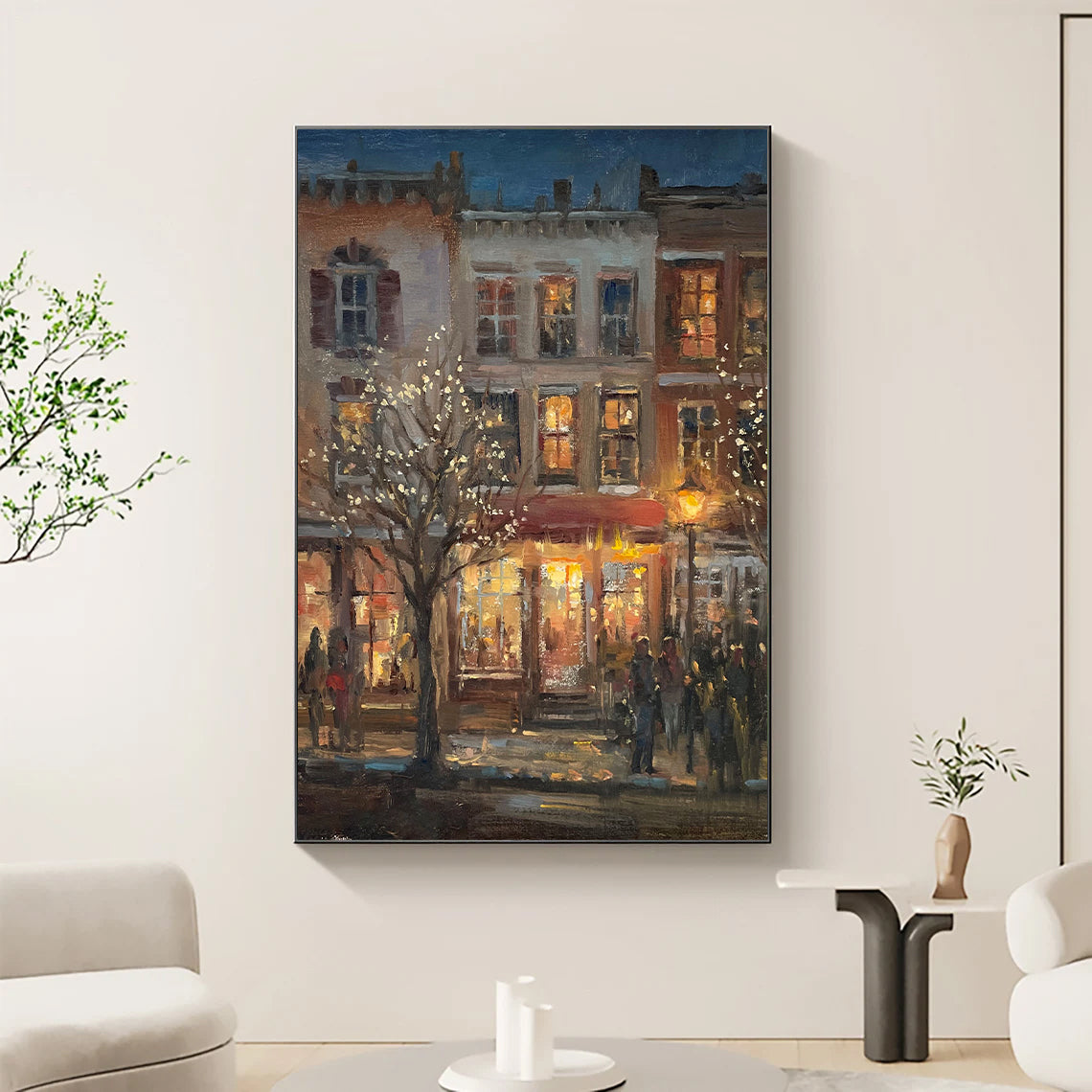 a painting of a city street at night