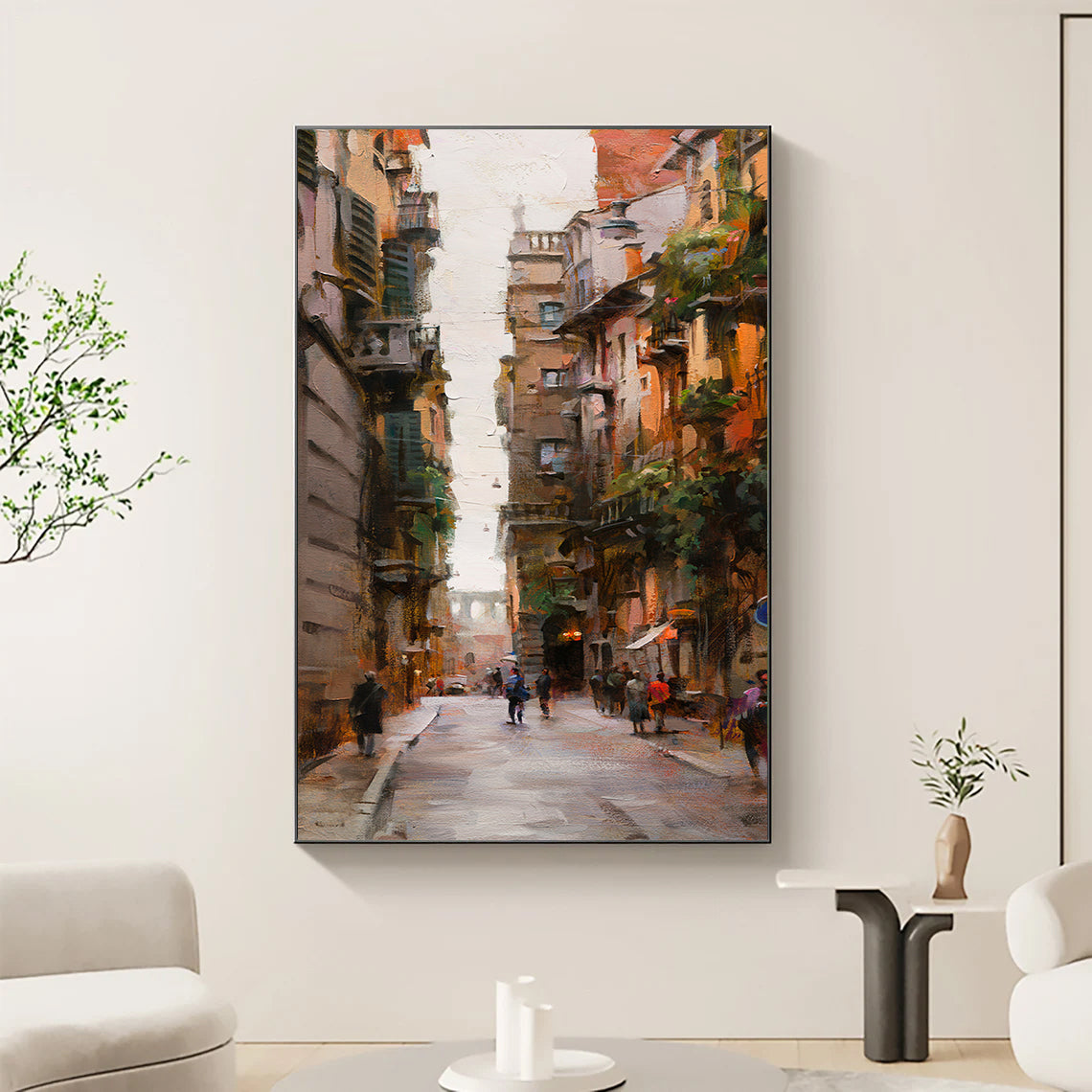 a painting of a city street with people walking down it