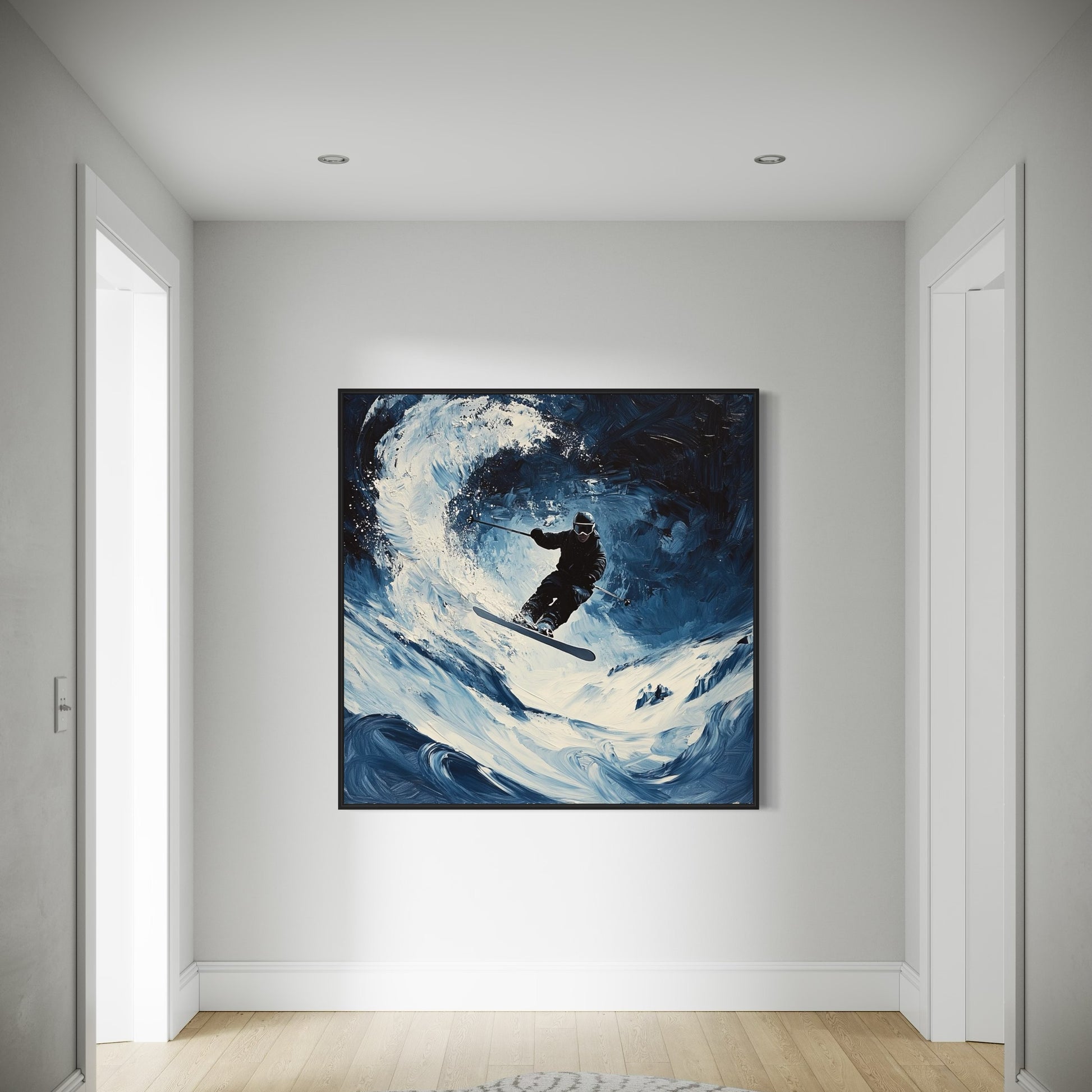 a painting of a person on a snowboard in a room