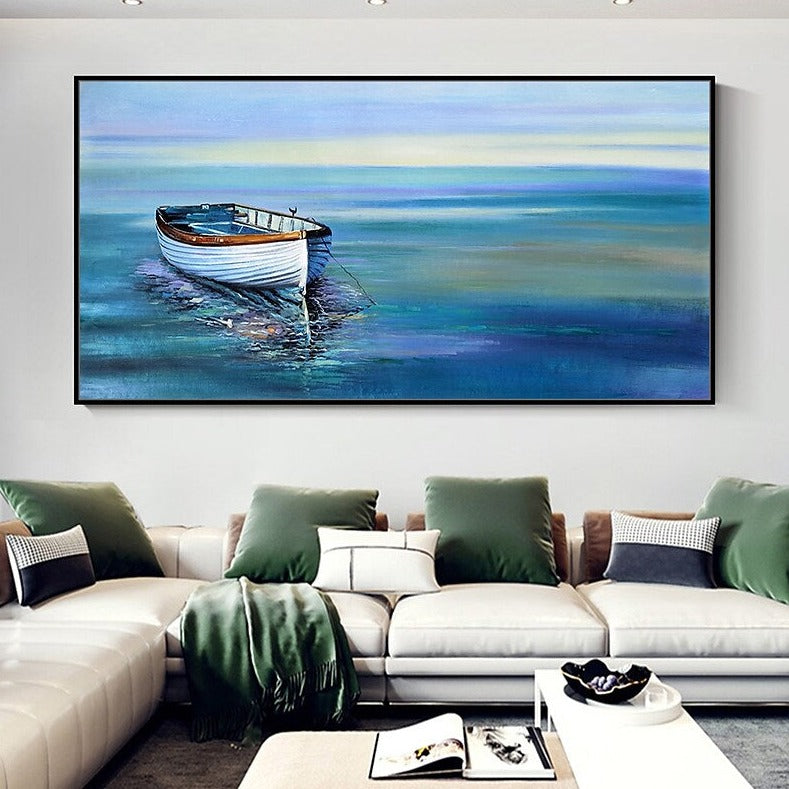 a painting of a boat floating on the water