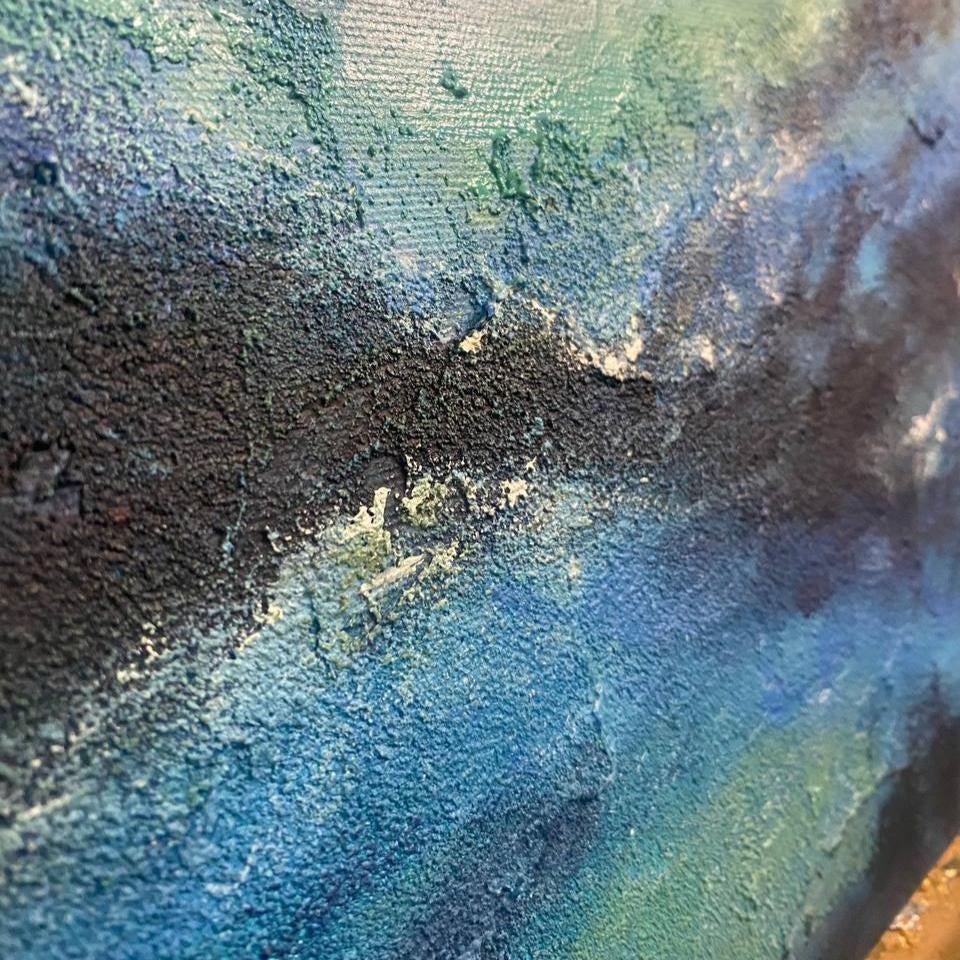 The image is a close-up of a textured painting with a blue and green color palette. The painting appears to be a close-up of a canvas or artwork, showcasing the artist's skill in capturing the intricate details and textures of the scene.