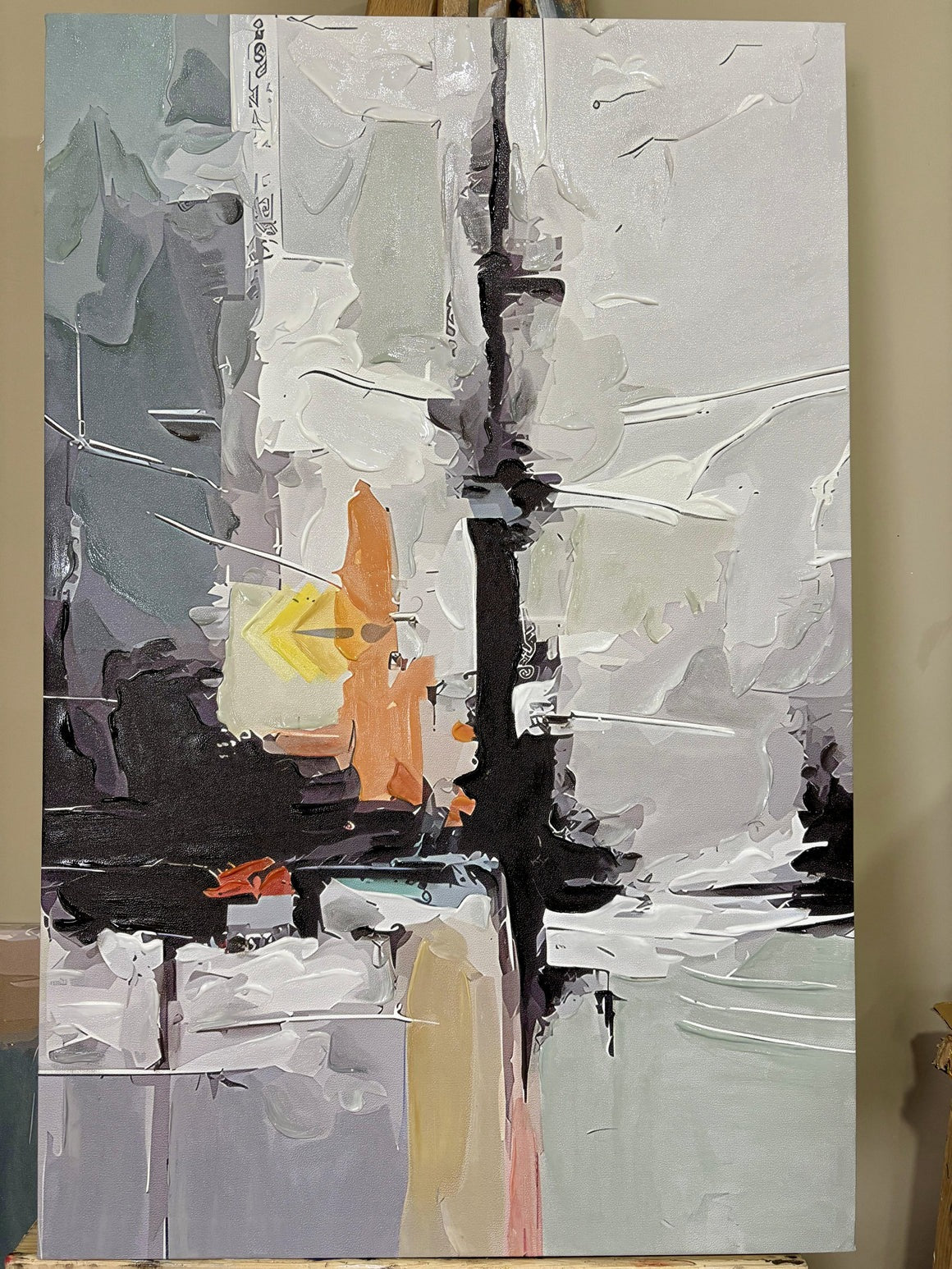 The image is an abstract painting with a mix of colors and textures, featuring a variety of brushstrokes and shapes.