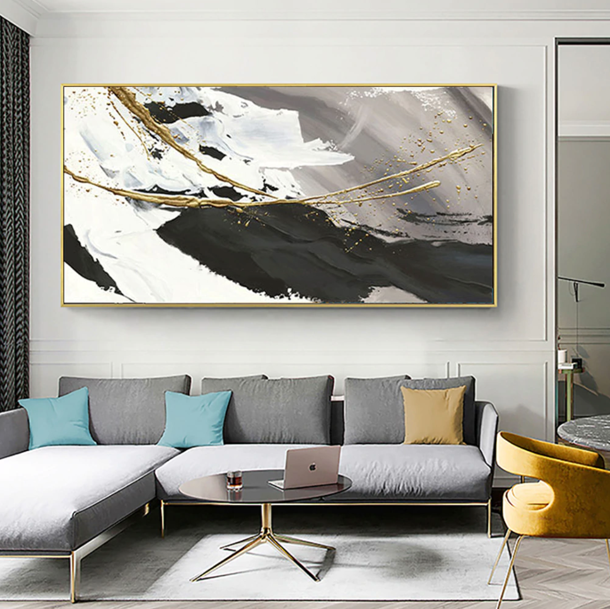 a living room with a couch and a painting on the wall