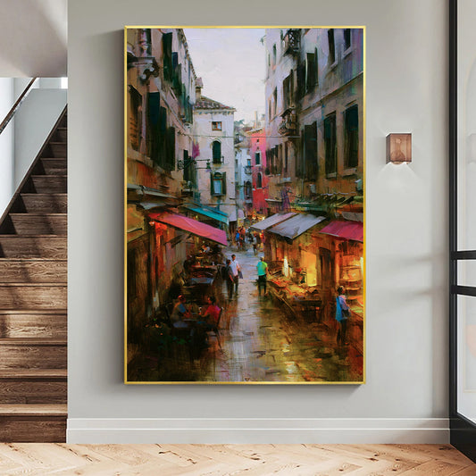 a painting of people walking down a street