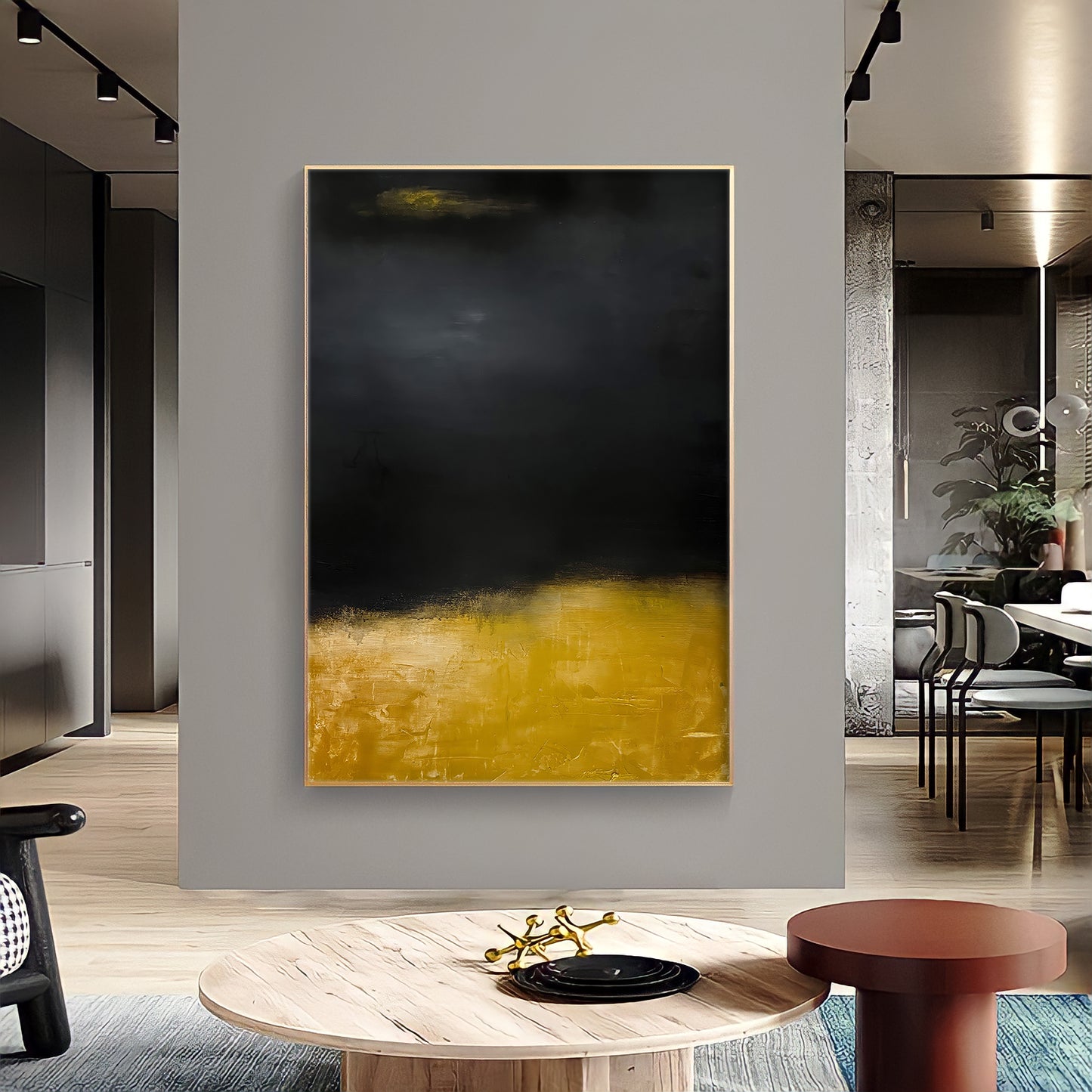 a living room with a large painting on the wall