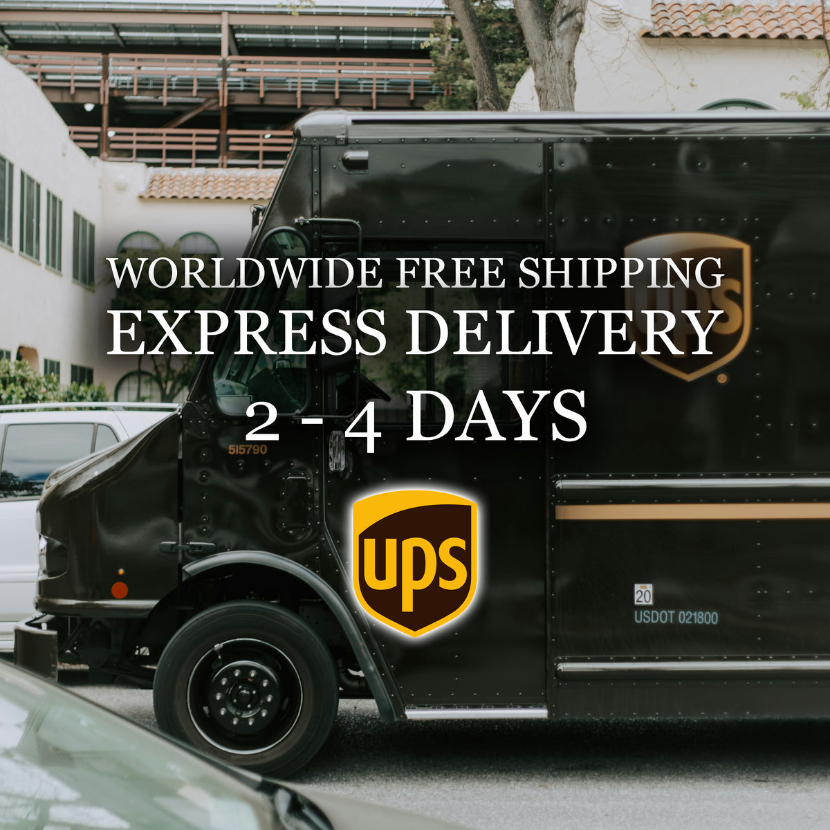 A black UPS delivery truck is parked on the street, with a sign advertising worldwide free shipping and express delivery.