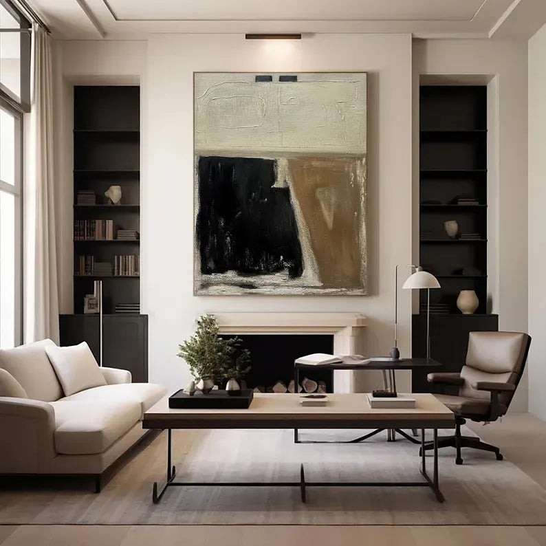 a modern living room with a large abstract painting on the wall, a white sofa, a wooden coffee table, and a leather armchair.