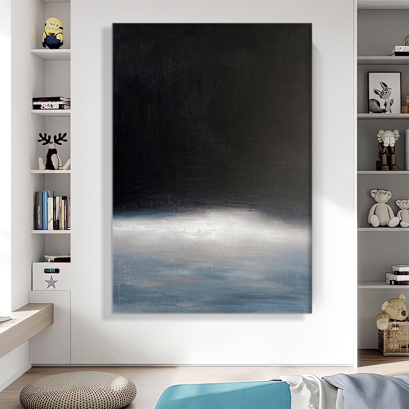 a large black and white painting in a white room