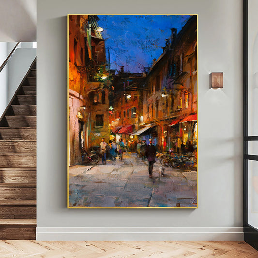 a painting of a city street at night