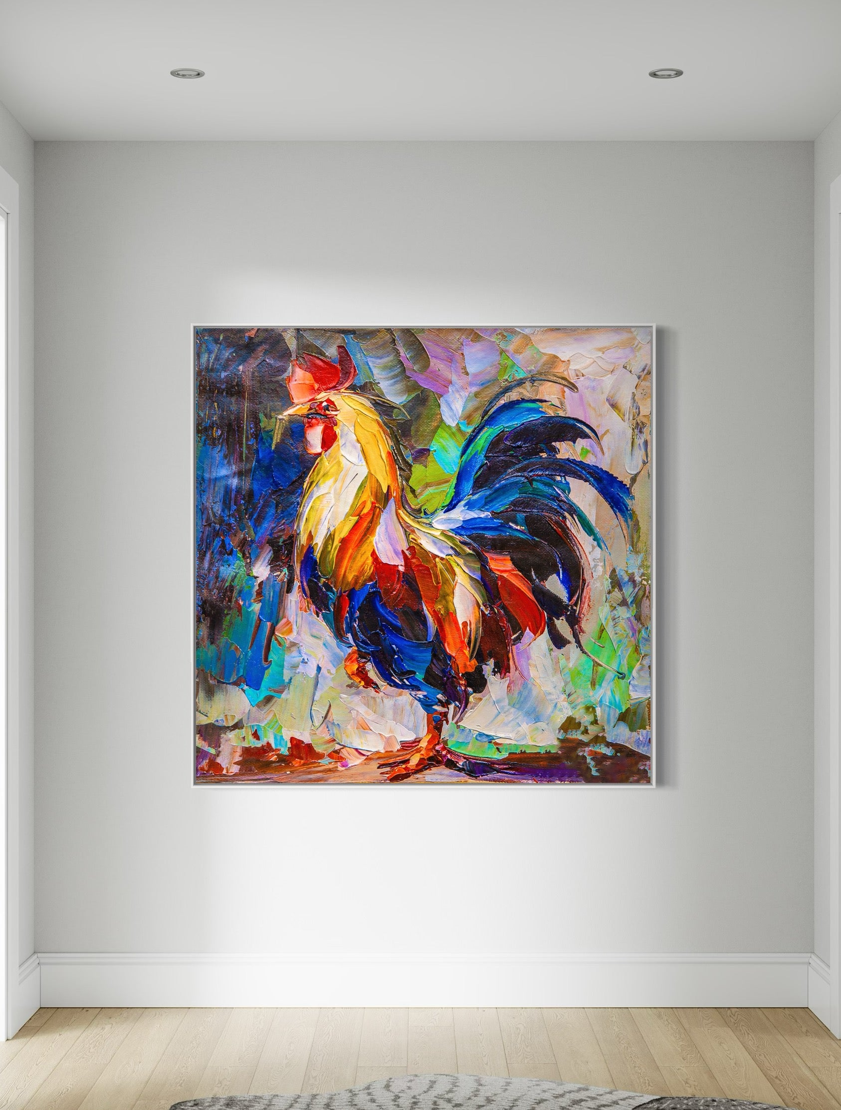 a painting of a rooster on a white wall