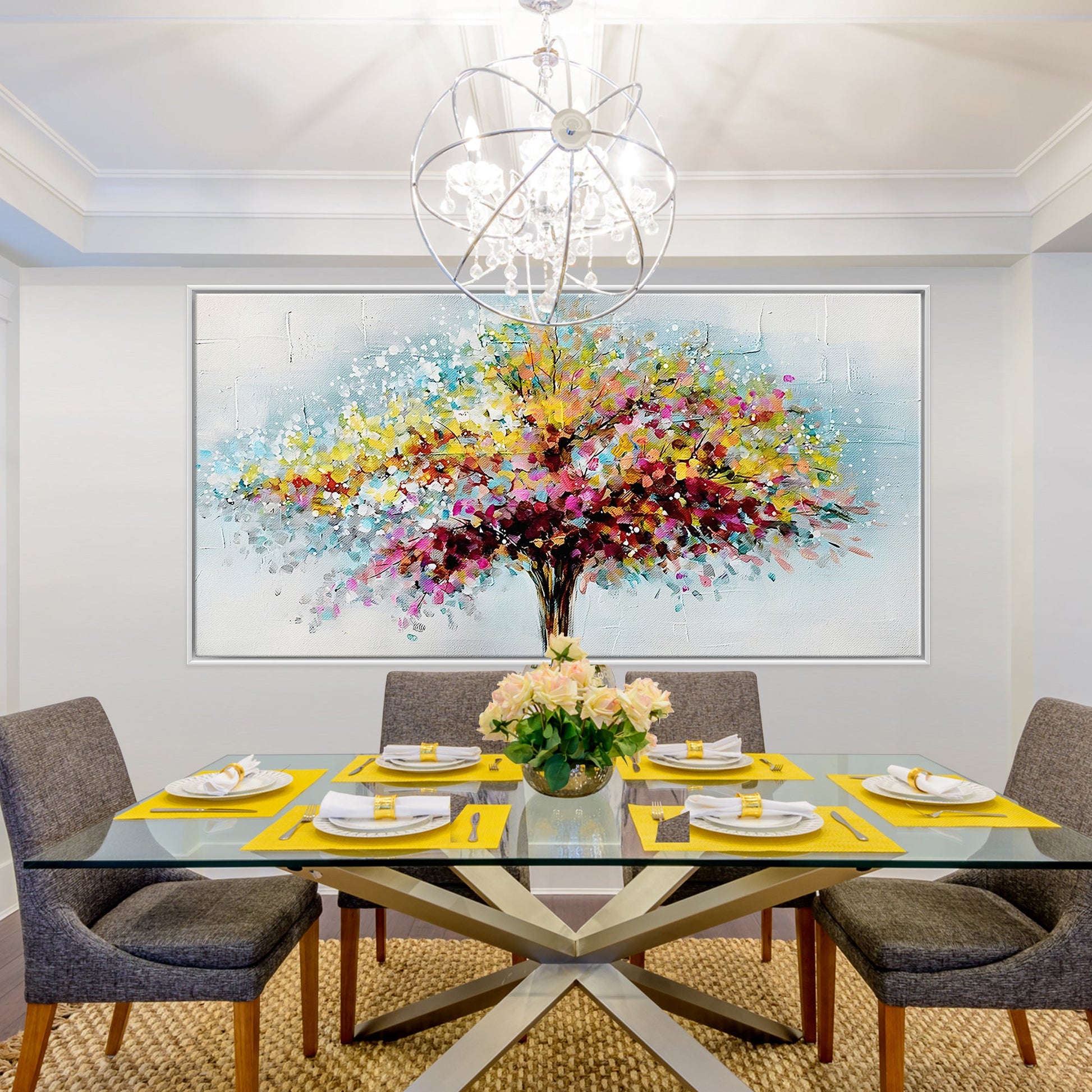 a dining room table with a vase of flowers on it