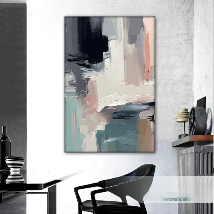a modern abstract painting hanging on a wall in a minimalist room with a black and white color scheme.