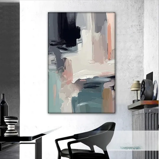 a modern abstract painting hanging on a wall in a minimalist room with a black and white color scheme.