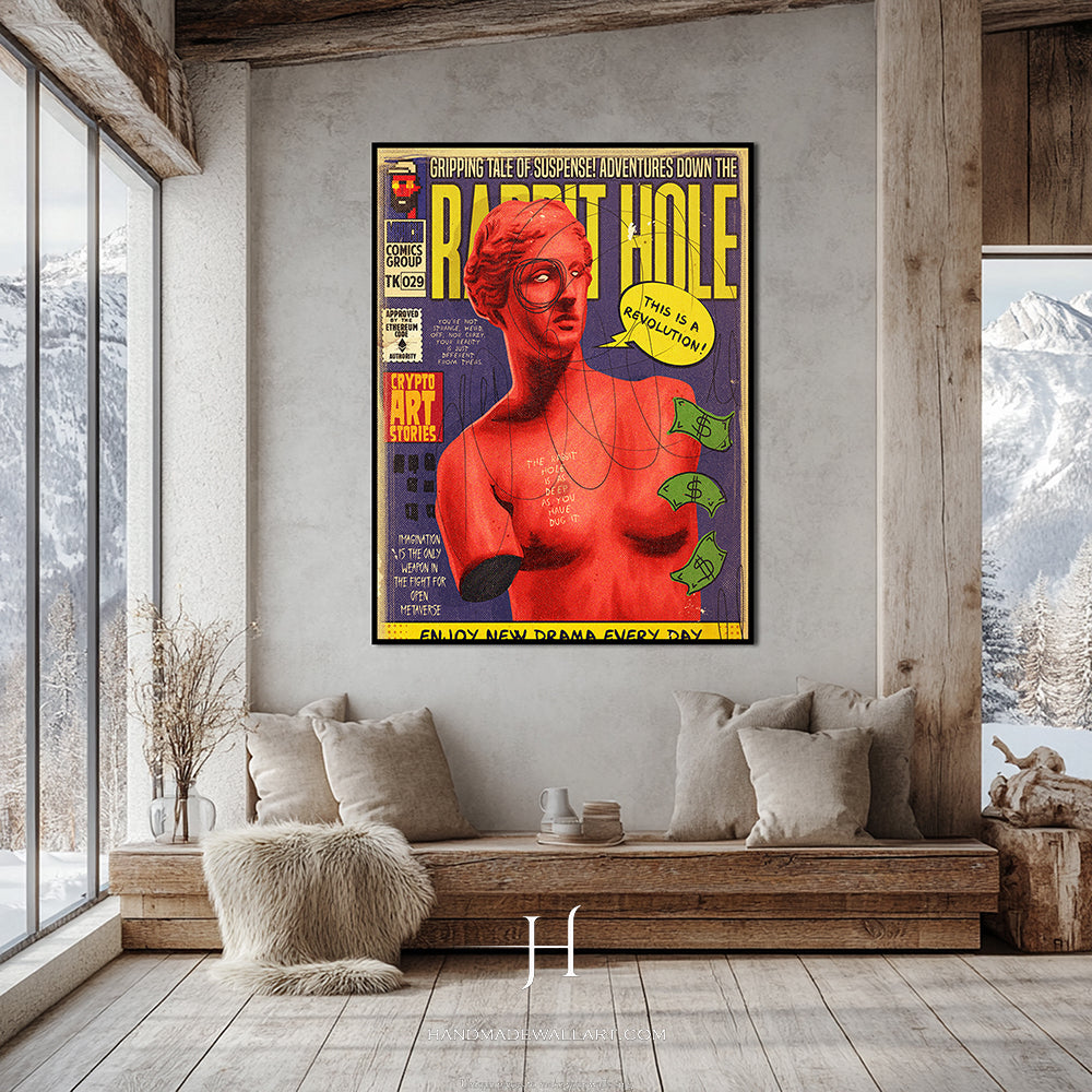 a living room with a couch and a poster on the wall