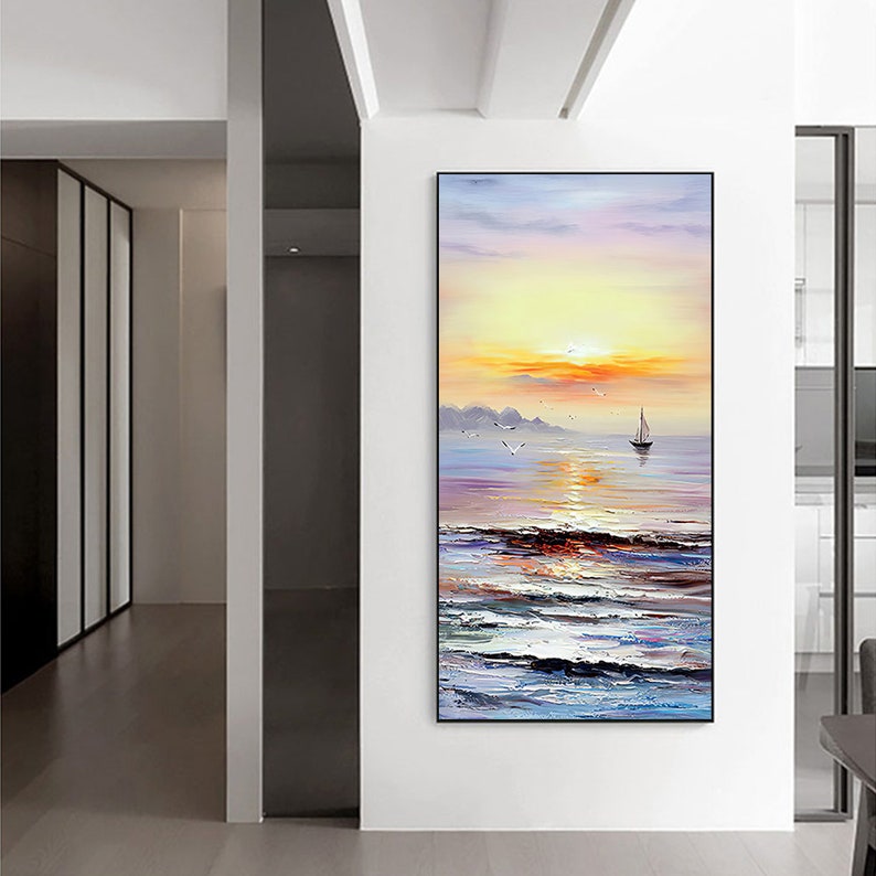 a painting of a sailboat in the ocean at sunset