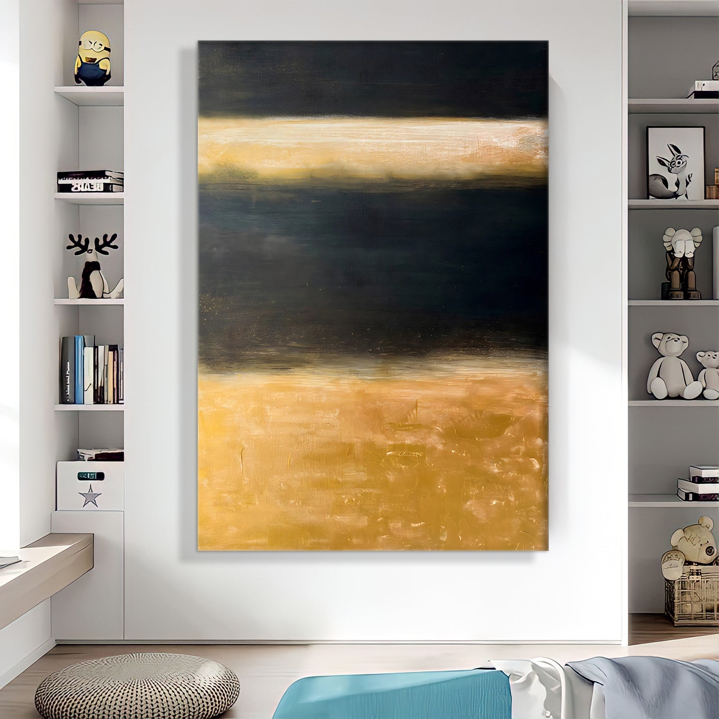 a painting hanging on a wall in a living room