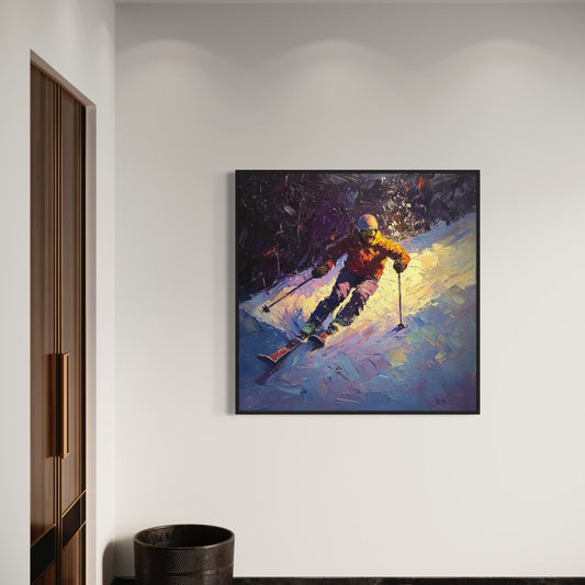 a painting of a person skiing in the snow