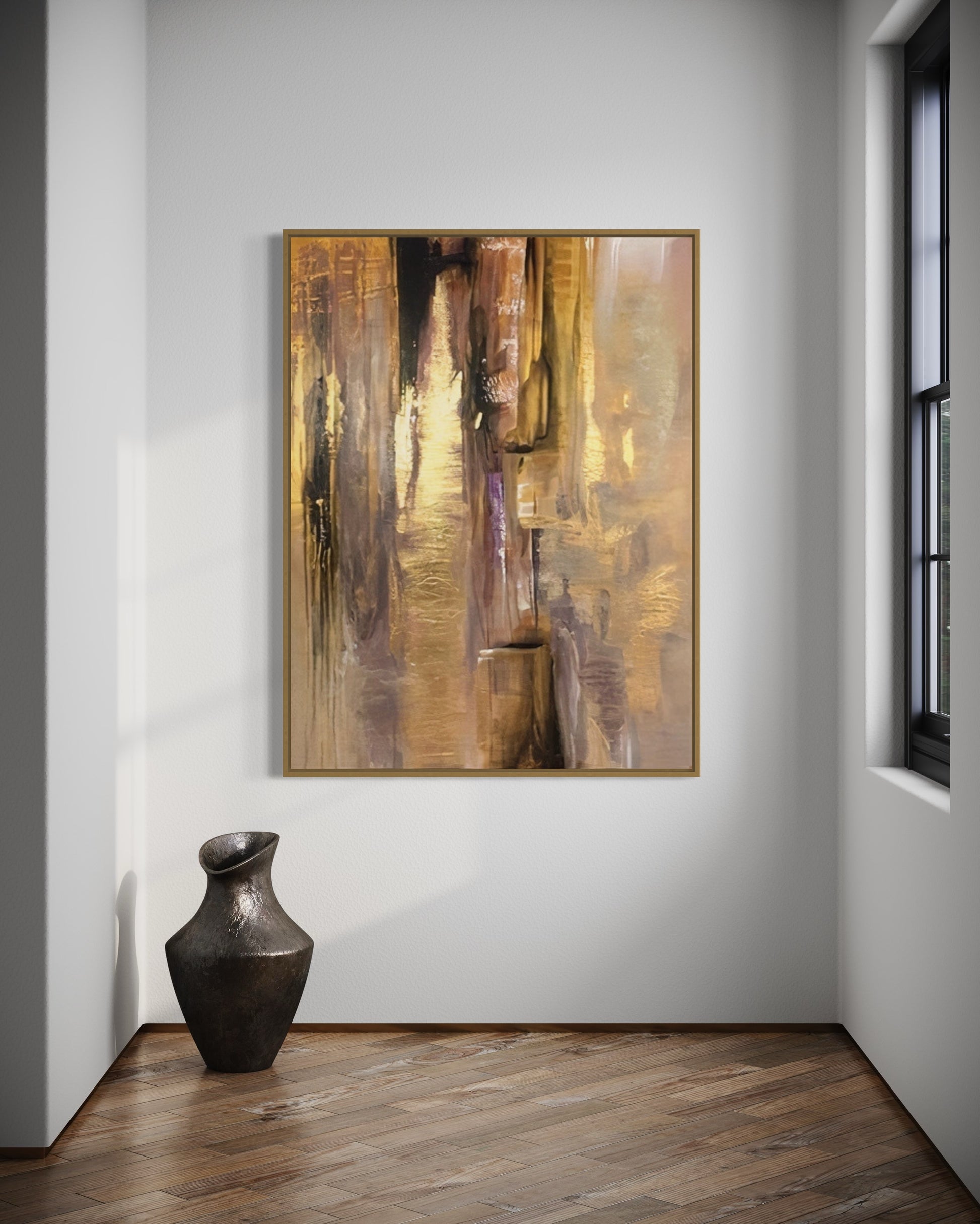 a painting hanging on a wall next to a vase