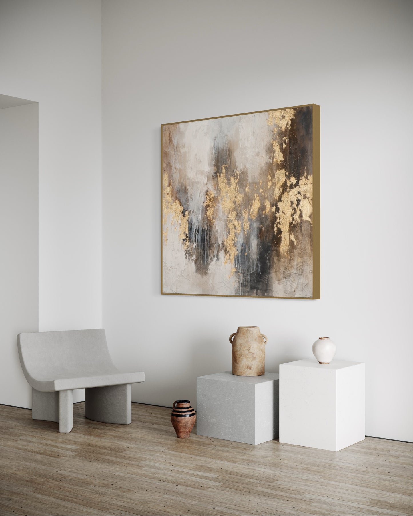 a painting hanging on a wall next to two vases