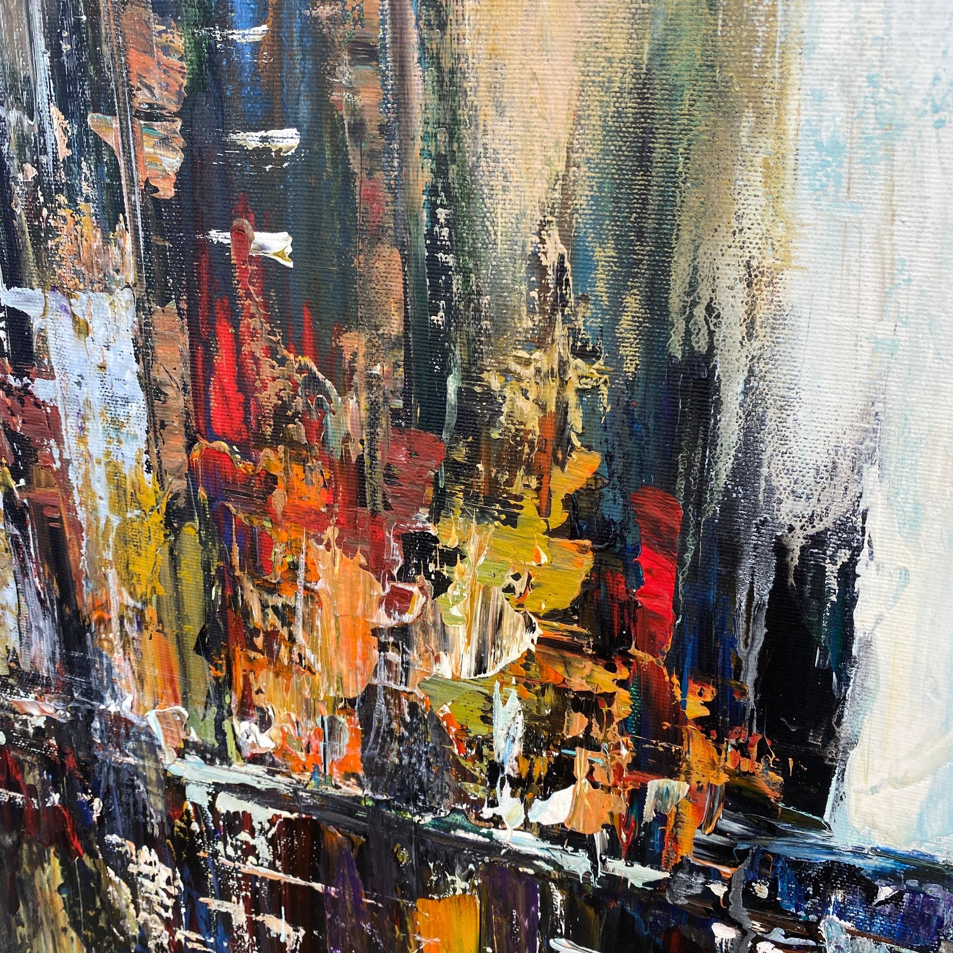 The image is an abstract painting with a vibrant mix of colors and brushstrokes, creating a dynamic and energetic composition.