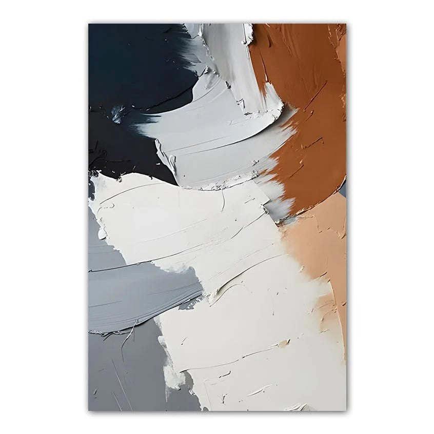 The image is an abstract painting with a mix of colors and brushstrokes, including shades of blue, white, and brown.