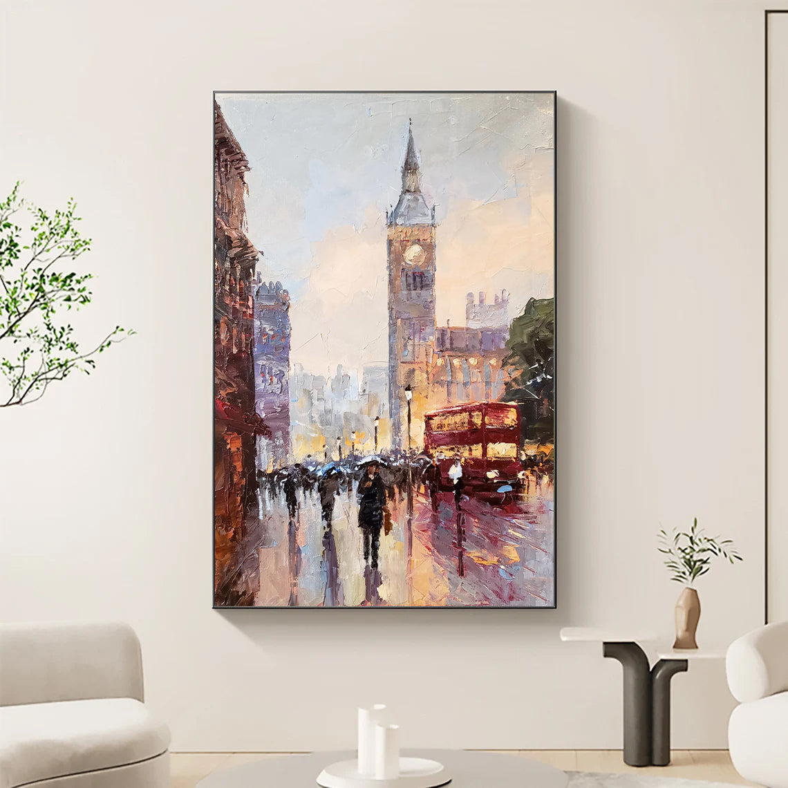 a painting of a city street with a clock tower in the background