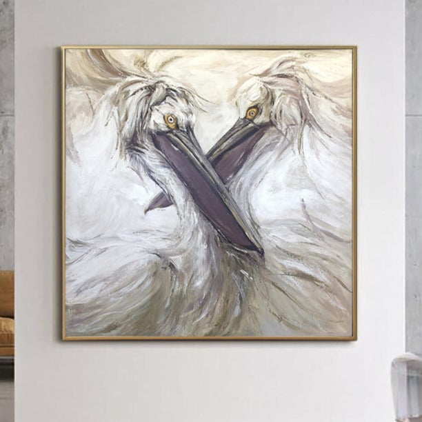 a painting of two white birds in a room