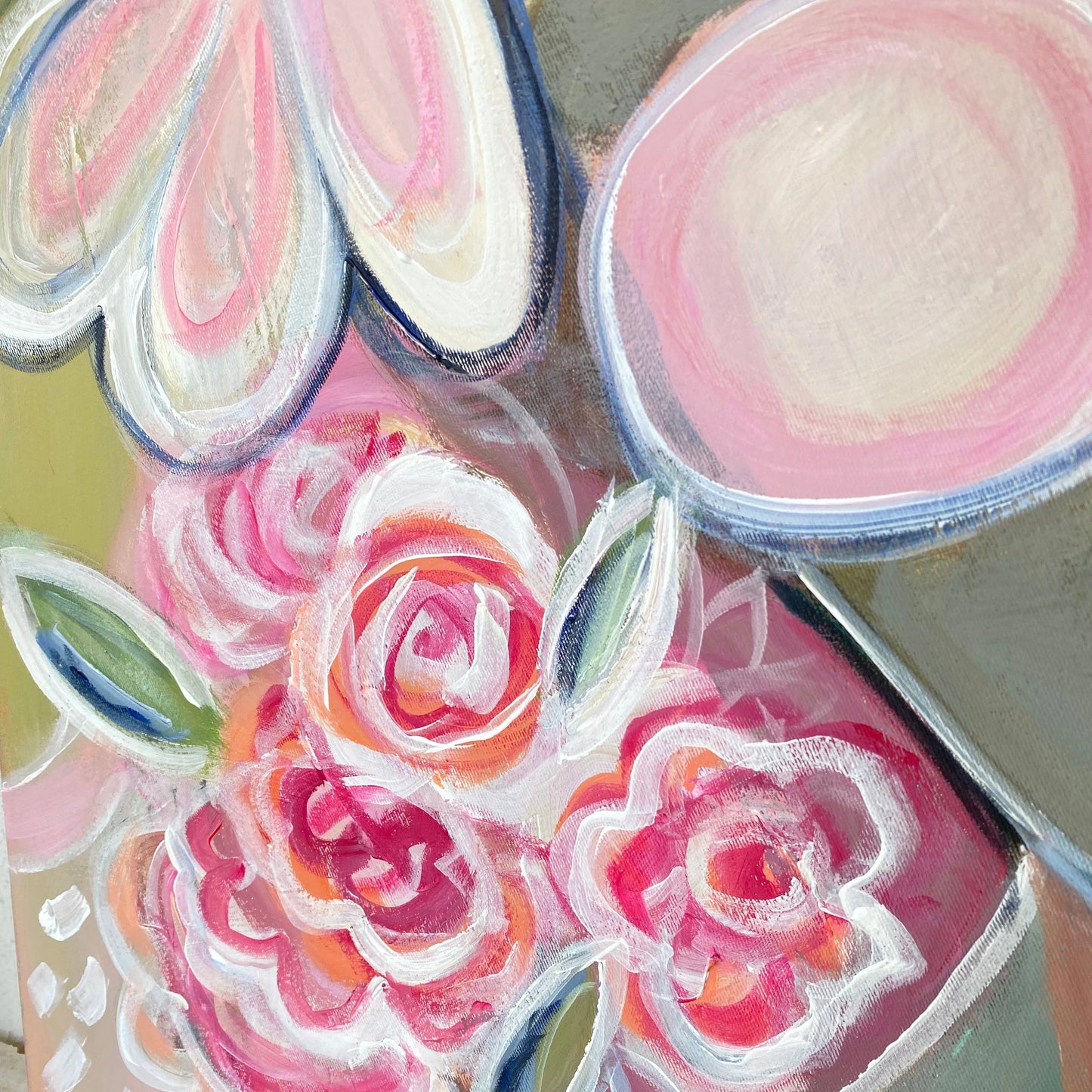 The image is a vibrant and colorful abstract painting featuring a variety of flowers and shapes in shades of pink, white, and orange.