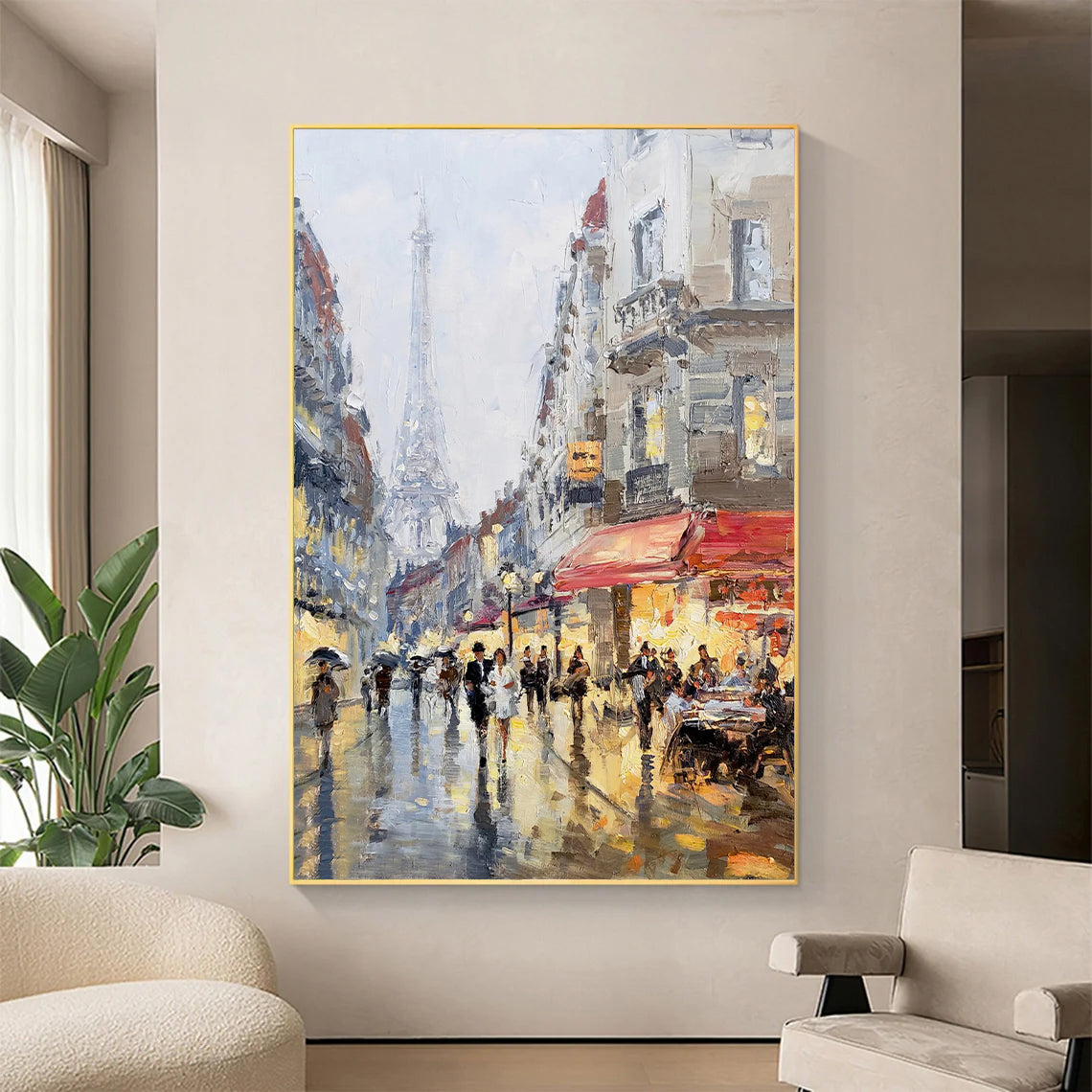 a painting of people walking in the rain