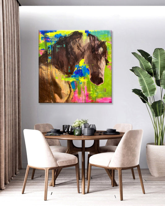 a painting of two horses on a wall above a table