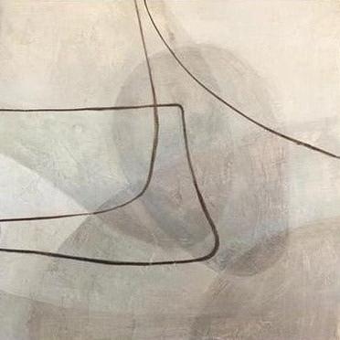 The image is an abstract painting with a minimalist style, featuring a combination of curved lines and shapes in shades of gray and white.