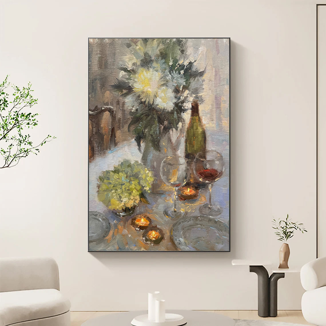 a painting of a vase of flowers on a table