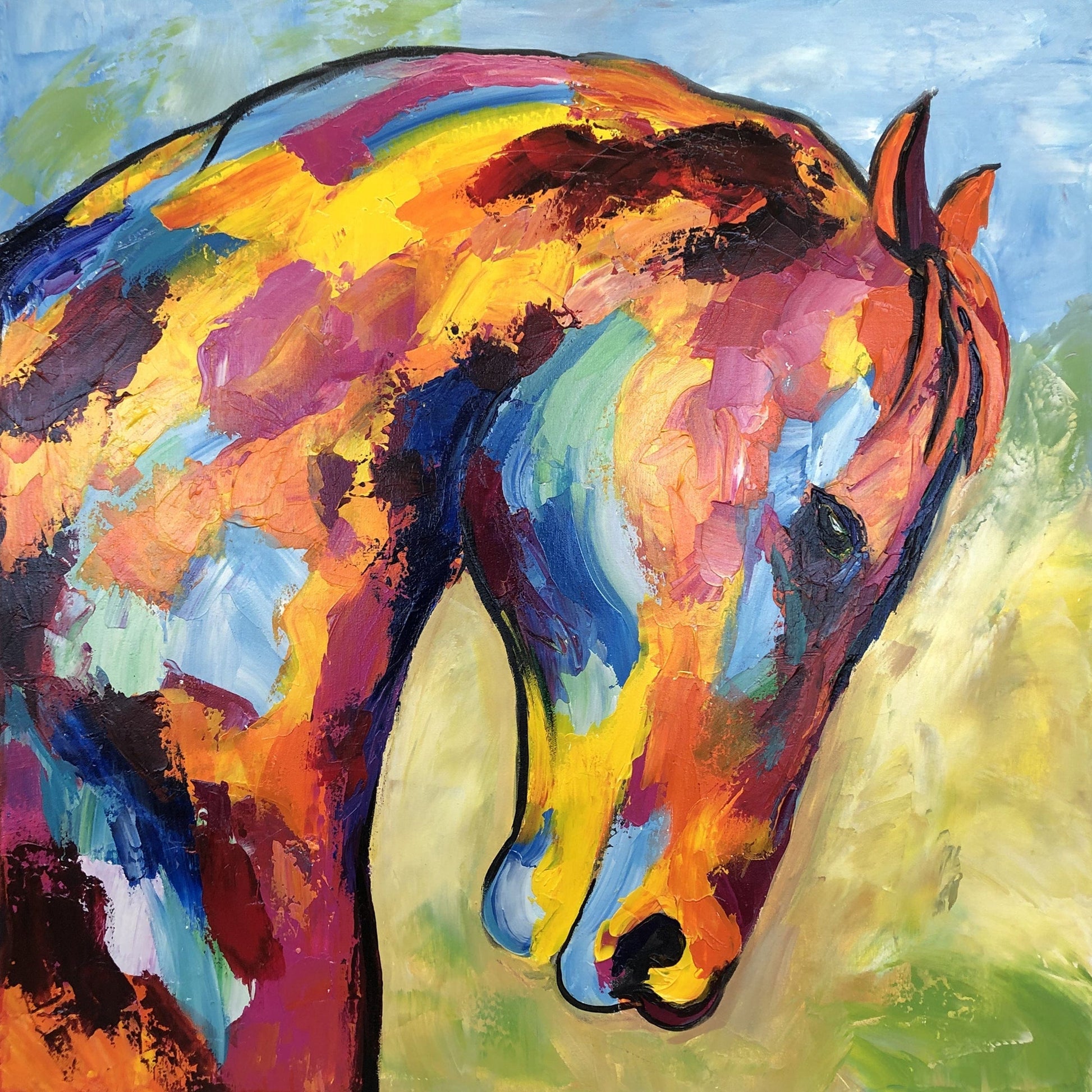 a painting of a horse with a blue sky in the background